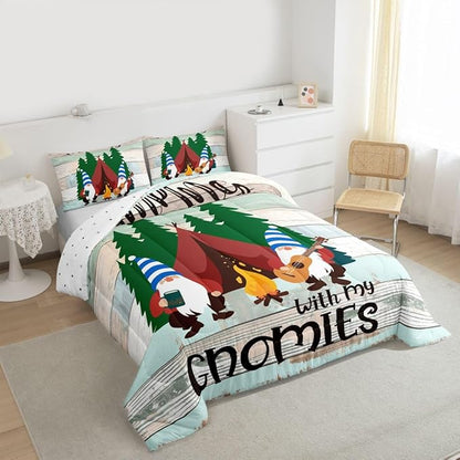 Feelyou Camper Bedding Set Full Kids Cute Gnome Happy Camping Comforter Set for Girls Boys Cartoon Gnomies Farmhouse Comforter Soft Cozy Quilt Rustic Room Decor Comforter Boys