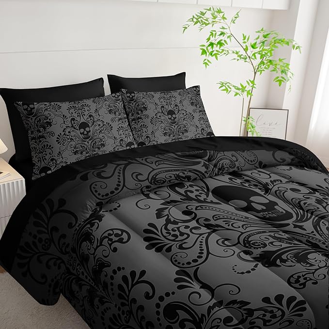 Black Skull Comforter Set 7 Piece King Size Bed in A Bag,Goth Bedding for Room Decor,Soft Western Comforter Boho Hippie Bedding with Fitted Sheet,Flat Sheet, Pillowcases & Shams