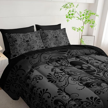 Black Skull Comforter Set 7 Piece King Size Bed in A Bag,Goth Bedding for Room Decor,Soft Western Comforter Boho Hippie Bedding with Fitted Sheet,Flat Sheet, Pillowcases & Shams