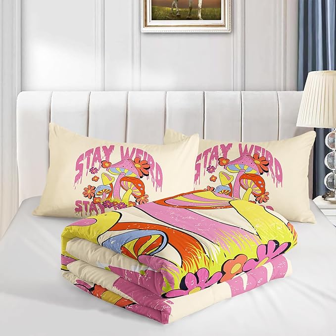 Axolotl Cartoon Mushroom Comforter Set King,Colorful Mushrooms Girls Bedding Set,3 Piece Cute Mushroom Bedding,Red Pink Floral Flower Comforter for Kids Boys Girls Teens,1 Quilt 2 Pillowcases