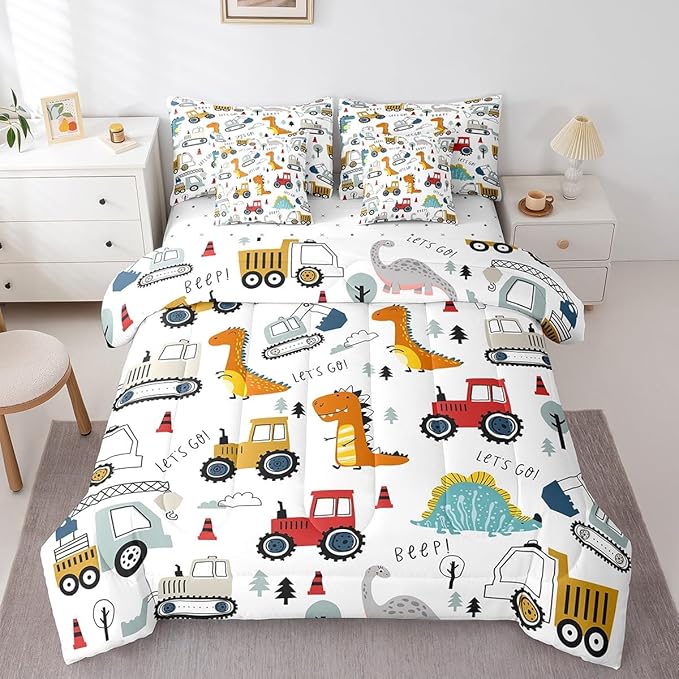 Feelyou Construction Comforter Set with Sheets 7 Piece Twin Size Kids Cartoon Dinosaur Bed in a Bag for Boys Equipment Trucks Bedding Set Construction Vehicles Kawaii Jungle Dino Bed Set Room Decor