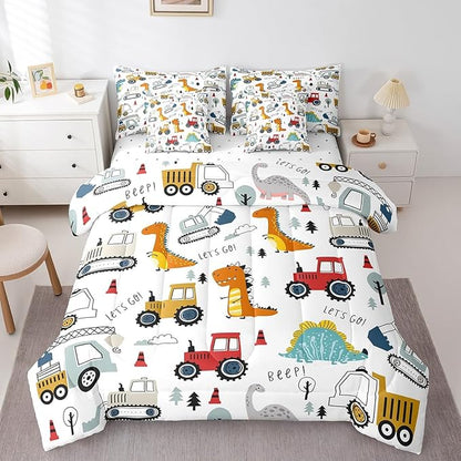 Feelyou Construction Comforter Set with Sheets 7 Piece Twin Size Kids Cartoon Dinosaur Bed in a Bag for Boys Equipment Trucks Bedding Set Construction Vehicles Kawaii Jungle Dino Bed Set Room Decor