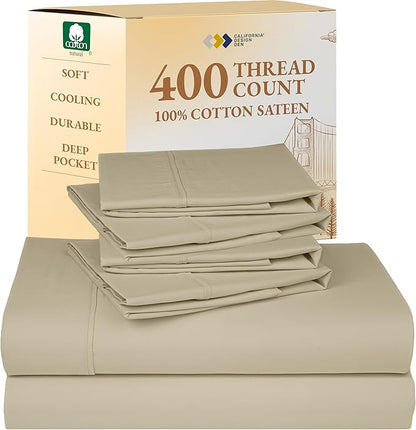 California Design Den 6 Piece King Size Sheets Set with 4 Pillowcases - Soft 400 Thread Count Sateen, 100% Cotton Sheets King Size with Deep Pockets, Durable Bedding Set - Beige (Golden Tone)