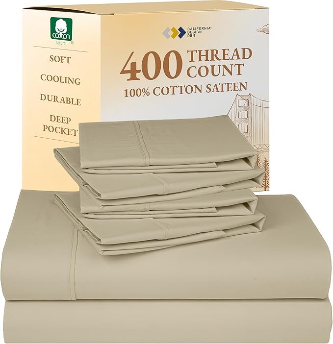 California Design Den 6 Piece Queen Sheet Set with 4 Pillowcases - Soft 400 Thread Count Sateen, 100% Cotton Sheets Queen Size Bed Set with Deep Pockets, Durable Bedding - Beige (Golden Tone)
