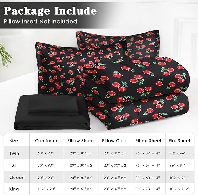 Nesker 7 Pcs Comforter Set Queen Size, Red and Black Bedding for Kids Teen, Cherry Fruit Bed Sheet with Pillowcase & Sham