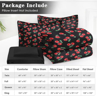 Nesker 7 Pcs Comforter Set Queen Size, Red and Black Bedding for Kids Teen, Cherry Fruit Bed Sheet with Pillowcase & Sham