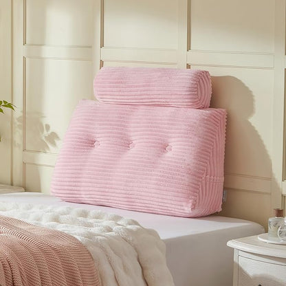 Headboard Wedge Pillow + A Long Neck Roll Pillow Body Pillow，Large Headboard Pillow with Removable Cover (Pink, Twin：39x8x20 inches)