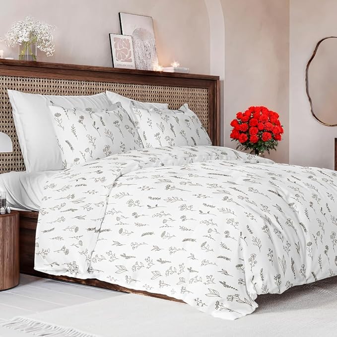 Duvet Cover King Size Set - Extra Soft Floral Duvet Cover 104 x 90 with 2 Pillow Shams - Comfy, Breathable Floral Bedding Set - Hotel Luxury Easy-Care & Fade Free with Zipper Closures & Ties - Plants