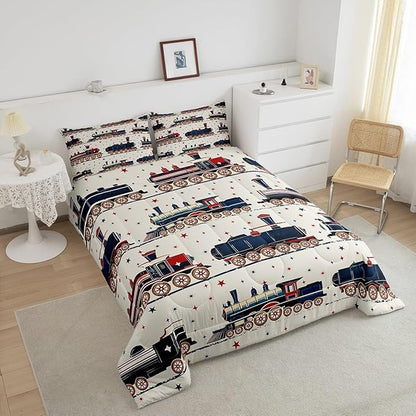 Erosebridal Vintage Steam Train Bedding, Cartoon Classic Railway Retro King Comforter Set, Gifts for Kids Girls Boys Travel Locomotive Train Bedding Sets Galaxy Stars Decorations Duvet Set