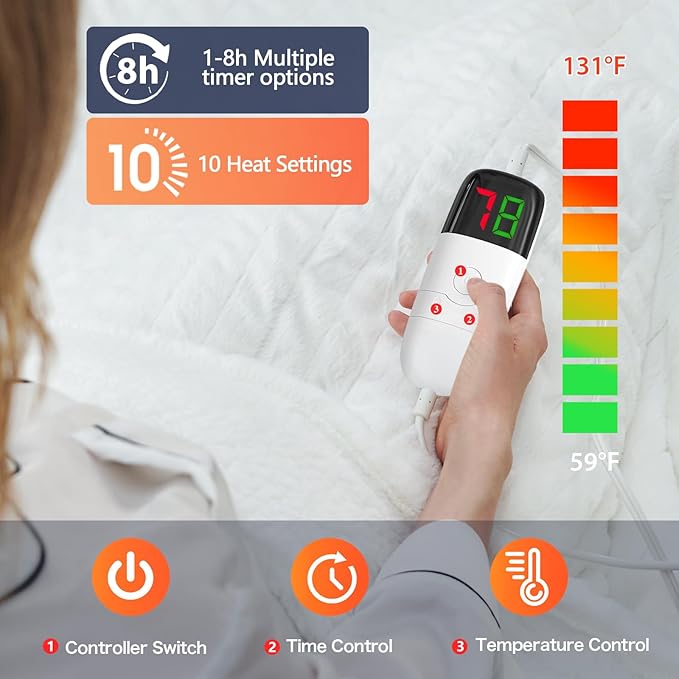 greenoak Heated Electric Blanket Throw, Faux Fur Sherpa Heating Blanket for Sofa Bed, Warm Winter Gifts for Women/Men, Heater Lap Blankets 5-Position Timer &10 Heating Levels 50''*60" Whtie