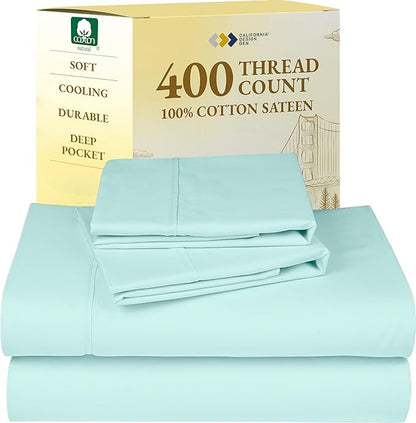California Design Den Full Size Bed Sheets Set - Soft 400 Thread Count Sateen, Natural 100% Cotton Sheets with Deep Pockets, Breathable, and Durable Bedding Set - Seafoam