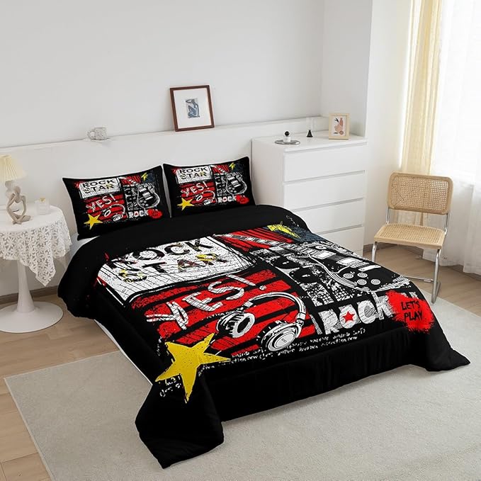 Guitar Comforter Set Full Size Rock Music Quilt Set Graffiti Headset Bedding Set 3pcs Rock Roll Theme Duvet Insert Boys Girls Teens Kids Fashion Bedroom Collections,Black Red