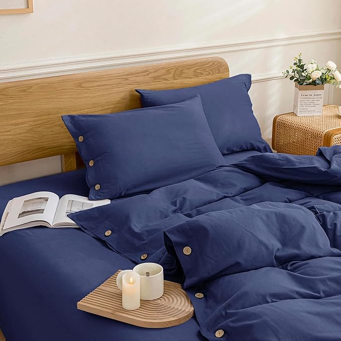 JELLYMONI Cotton Duvet Cover King Size - Navy Blue Comforter Cover with Button 100% Washed Cotton 3PCS Breathable Soft Solid Bedding Set Duvet Cover 104×90in & 2 Pillowcases (NO Comforter)