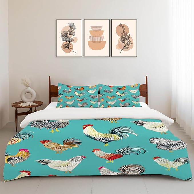 Farmhouse Chicken Theme 3 Pieces Duvet Cover Comforter Set with 2 Pillowcase Twin Size Farm Rooster Bed Sheet Quilt Bedroom Bedding for Lover Kids