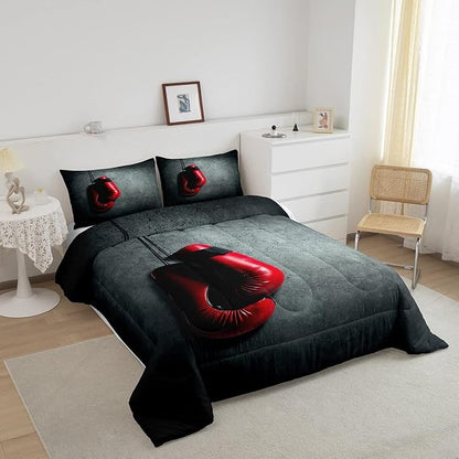 Feelyou Boxing Bedding Set Sports Theme Comforter Set for Kids Boys Girls Men Red Boxing Gloves Pattern Comforter Pugilism Games Design Quilt Set with 2 Pillowcases 3Pcs Bedding Full