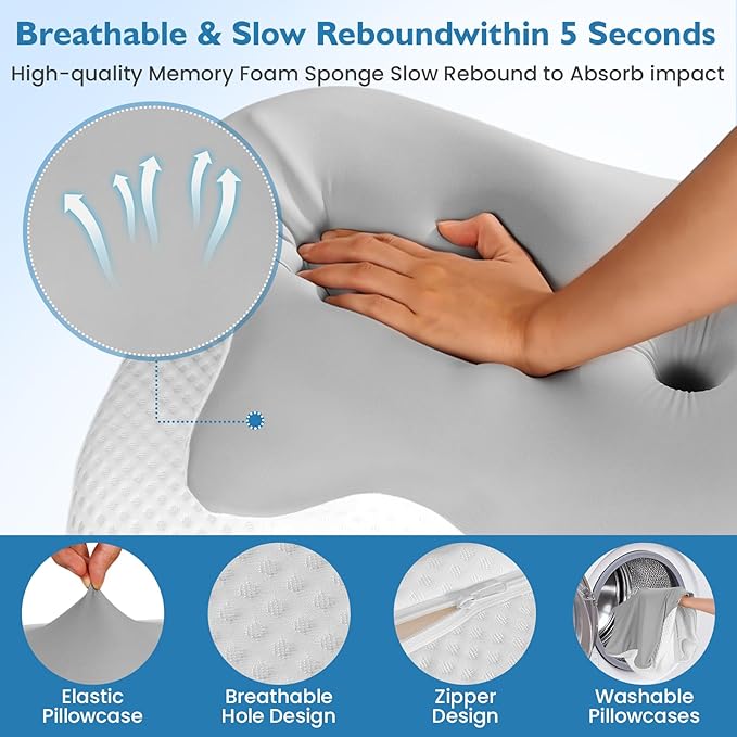 Cervical Pillow for Neck Pain Relief, Neck Pillow for Sleeping Side Sleeper Ergonomic Memory Foam Support Pillows Back Sleepers for Sleeping,Machine Washable Pillowcase(1PCS Grey)