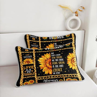 AILONEN Girls Sunflower Quilt Set Queen Size, 3Pcs Black Yellow Flower Bed Cover Bedding Set for Kids and Adults, Lightweight Bedspread Coverlet with 2 Pillowcases All Season