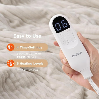 Bedsure GentleSoft Heated Blanket Throw - Soft Ribbed Flannel Electric Blanket, Heating with 4 Time Settings, 6 Heat Settings, and 3 hrs Timer Auto Shut Off, Gifts for Grandma (50x60 inches, Cream)