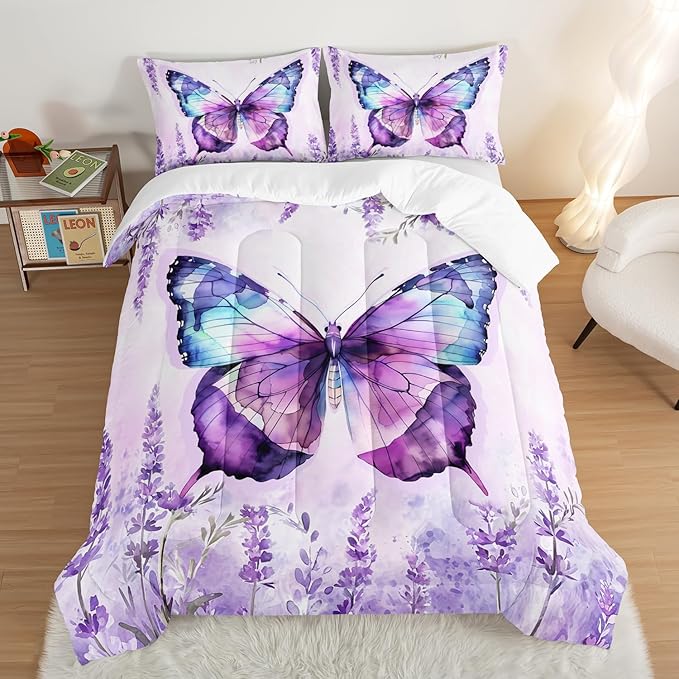 Beautiful Butterfly Comforter Set King Size,Blossoming Lavender Flowers Bedding Set for Kids Girls Toddlers Room Decor,Nature Insect Themed Comforter Sets with 2 Pillowcases.