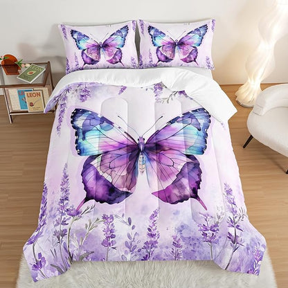 Beautiful Butterfly Comforter Set Twin Size,Blossoming Lavender Flowers Bedding Set for Kids Girls Toddlers Room Decor,Nature Insect Themed Comforter Sets with 2 Pillowcases.