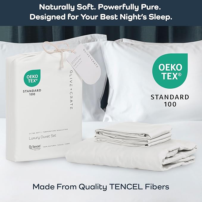 Olive + Crate Tencel Eucalyptus Cooling Duvet Cover Set - Hypoallergenic, Lyocell Tencel Duvet Cover - Soft, Temperature Regulating with Hidden Button Closure & Corner Ties - Twin XL [White Snow]