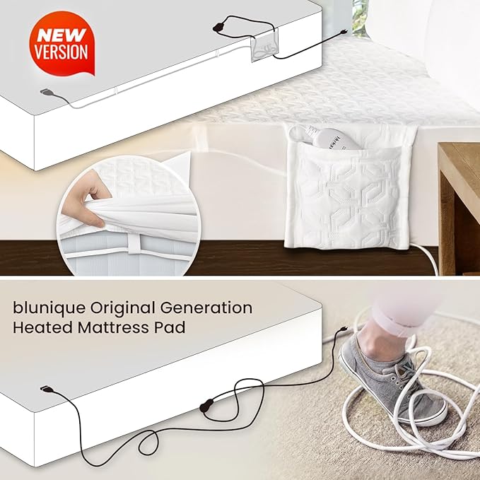 Electric Heated Mattress Pad King Size Dual Control Bed Warmer, Deep Pocket, Side Storage Pouch for Controller, Machine Washable, 3D Air Layer Fabric, 78"x80", White