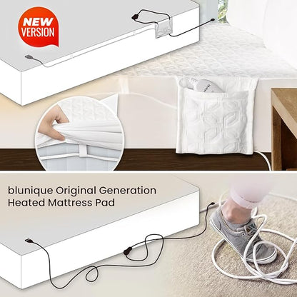 Electric Heated Mattress Pad King Size Dual Control Bed Warmer, Deep Pocket, Side Storage Pouch for Controller, Machine Washable, 3D Air Layer Fabric, 78"x80", White