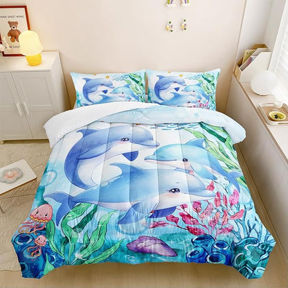 Dolphins Animal Aqua Blue Green Sea Comforter 3pcs Twin Kids Coral Jellyfish Comforter Set for Boys Girls Ocean Waves Bedding Fish Quilt Bed Set with 1 Comforter and 2 Pillowcases