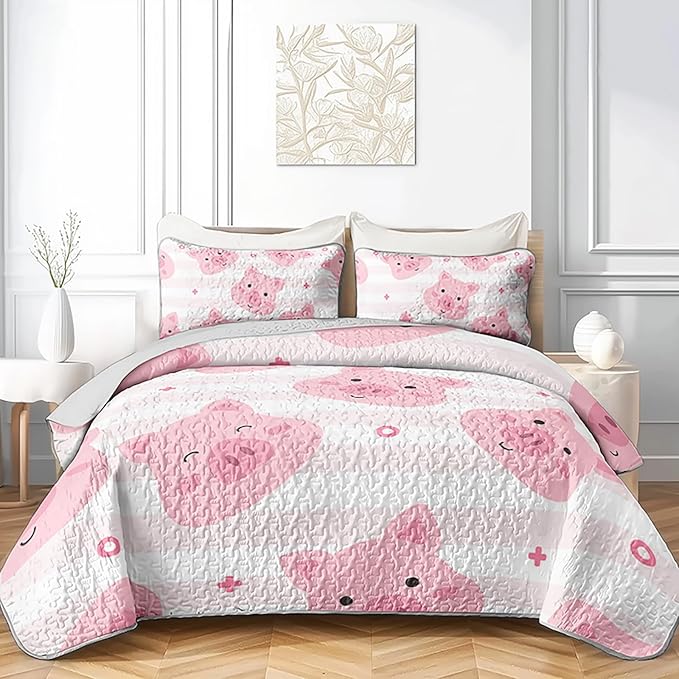 AILONEN Kids Cute Pig Quilt Full Size Bedding Set & 2 Pillowcases,Cartoon Pig Bedspresd Coverlet,3Pcs Pink White Stripes Printed Quilt Set,All Season