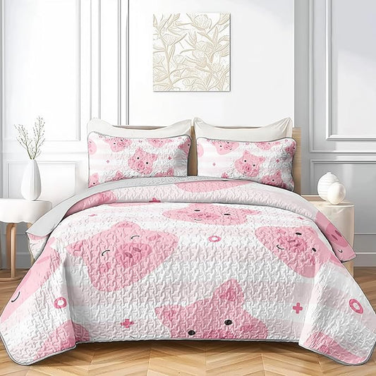 AILONEN Kids Cute Pig Quilt Full Size Bedding Set & 2 Pillowcases,Cartoon Pig Bedspresd Coverlet,3Pcs Pink White Stripes Printed Quilt Set,All Season