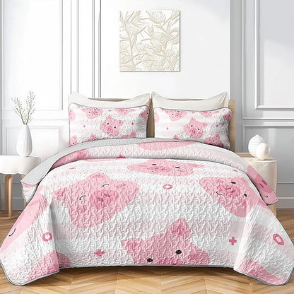 AILONEN Kids Cute Pig Quilt King Size Bedding Set & 2 Pillowcases,Cartoon Pig Bedspresd Coverlet,3Pcs Pink White Stripes Printed Quilt Set,All Season