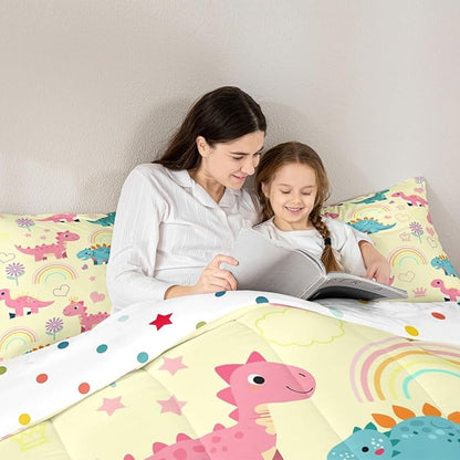 Castle Fairy Kawaii Dino Kids Comforter Set Twin Size,Cute Rainbow Floral Love Heart Reversible Bedding Set for Teens Bedroom,Pink Yellow Dinosaur Lovely Animal Quilted Duvet with 1 Pillowcase