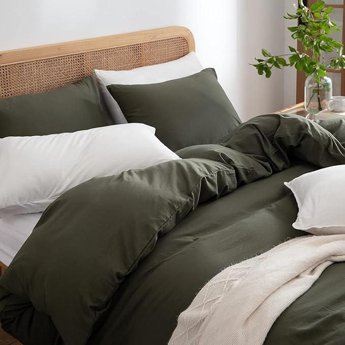 Jane yre Dark Green Duvet Cover Queen, 100% Washed Microfiber 3 Pieces Dark Green 1 Duvet Cover +2 Pillowcases with Zipper Closure, Soft Natural Slight Wrinkled Comfy
