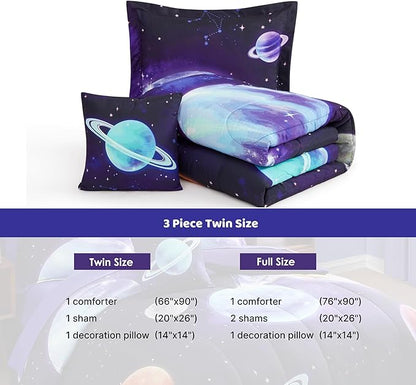 Twin Comforter Set for Boys-3 Pieces Navy Blue Space Rocket Twin Bedding Sets for Kids, 1 Comforter, 1 Sham and 1 Decor Pillow