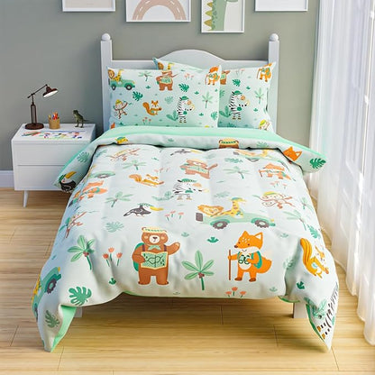SANDJEST Jungle Animal Comforter Set Full Size 98x86in for Kids Boys, Microfiber 4 Pcs Bedding Set Includes 1 Comforter, 2 Pillowcases, 1 Fitted Sheet, Nursery Room Decor