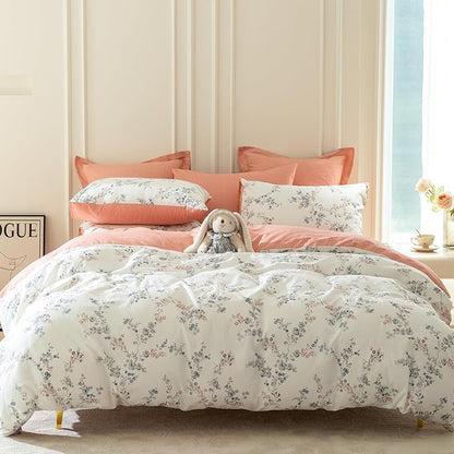 Floral King Duvet Cover, 100% Cotton Bedding Sets King, Reversible Floral Chic Vintage Fresh Style Printed Mini King Duvet Cover with Zipper Closure