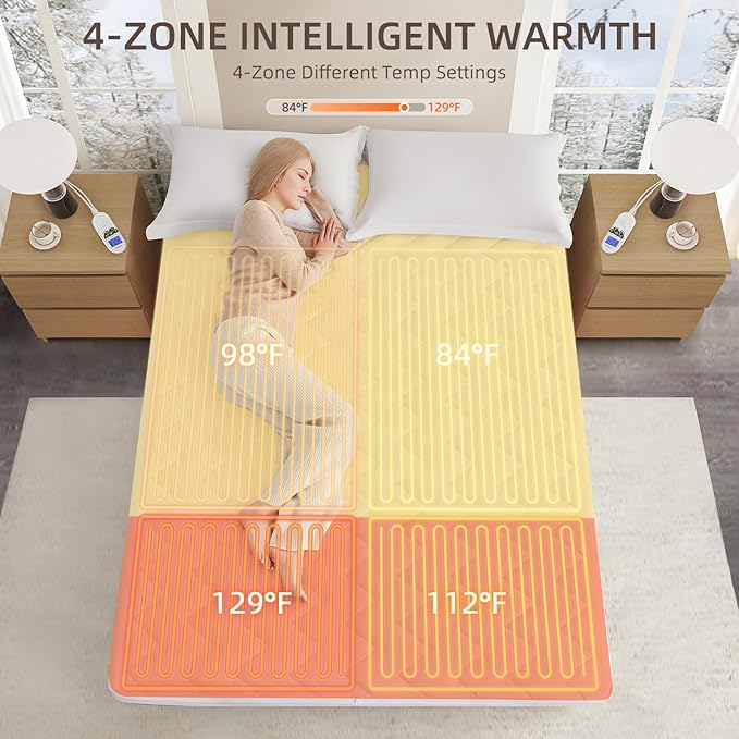Bwarm Premium Multi-Zone Heated Mattress Pad Cal King, Dual Control 72" x 84", 9 Heat Settings, 1-12 Hours Auto Off, Individual Body & Feet Settings, Removable Comfort Layer, Machine Washable