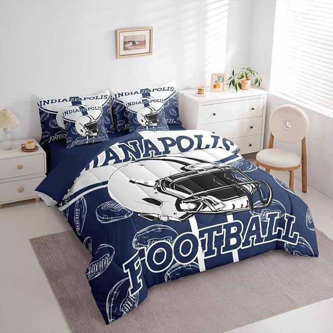 Feelyou Football Queen Comforter Set with Sheets for Kids Boys Girls Ball Games 7 Pieces Bedding Set Rugby Bed in a Bag City of Footballs Room Decor Rugby Sports Soft Lightweight