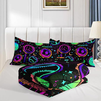 Ball Games Bedding Basketball Football Baseball Queen Comforter Set,Colorful Neon Stars and Moon Bedding Set for Kids Girls Boys Room Decor,Sports Aesthetic Bedding Sets with 2 Pillowcases.