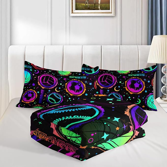 Ball Games Bedding Basketball Football Baseball Full Comforter Set,Colorful Neon Stars and Moon Bedding Set for Kids Girls Boys Room Decor,Sports Aesthetic Bedding Sets with 2 Pillowcases.