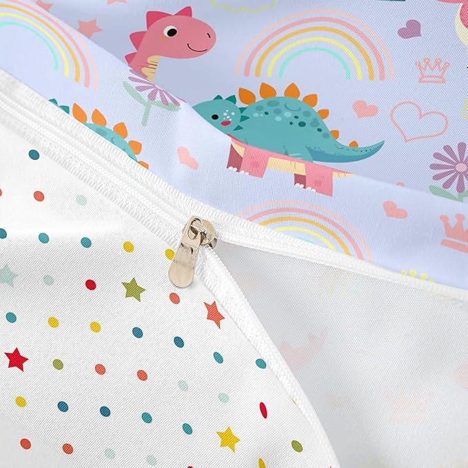 Kawaii Dino Duvet Cover Set King Size,Cute Rainbow Floral Love Heart Reversible Quilt Cover with 2 Pillowcases,Blue Pink Dinosaur Lovely Animal Microfiber Comforter Cover (Not Comforter)