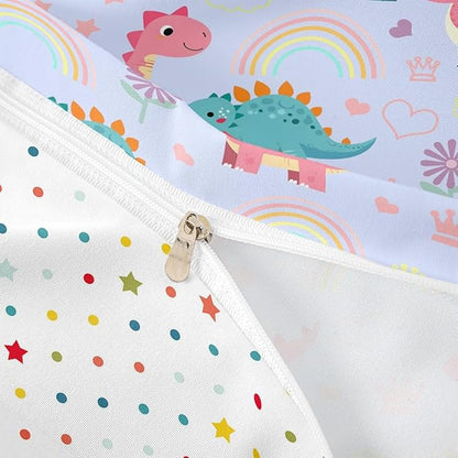 Castle Fairy Kawaii Dino Bedding Sets Toddler Size,Cute Rainbow Floral Love Heart Reversible Duvet Cover 2Pcs for Kids Bedroom,Blue Pink Dinosaur Lovely Animal Quilt Cover,1 Pillowcase (No Comforter)