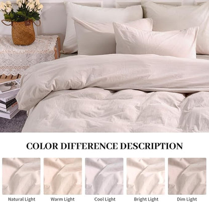 NEXHOME PRO Duvet Cover Set King Size Linen Look Textured Organic Natural 100% Washed Cotton Duvet Cover Greyish Light Pink 3 Pieces Bedding Set with Zipper Closure, Breathable (No Comforter)