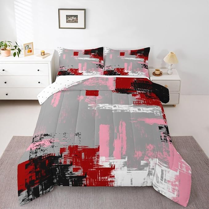 Feelyou Abstract Bedding Set Kids Modern Abstract Art Comforter Set Red Grey Pink Black Comforter for Boys Room Decor Lightweight Retro Duvet Set Queen Size with 2 Pillow Case