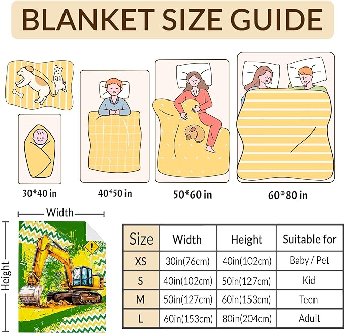 Boys Blanket Gifts Excavator Blankets for Kids Teens Adults - 60" x 80" Cool Construction Car Themed Soft Lightweight Flannel Throws for Couch, Sofa, Bed, Bedroom Decor