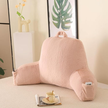 Reading Pillow for Sitting in Bed, Large Backrest Reading Pillow with Arm Rest,Back-Rest Support Cushion for Sit Up on Couch, Sofa, and Floor(Shell Pink Faux Fur, Standard(17"))