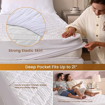 Bearhug Electric Heated Mattress Pads Queen Size Dual Controllers 60”×80” Waterproof Bed Warmer 21” Deep Pocket 10 Heat Settings 12-Hour Timer Machine Washable White