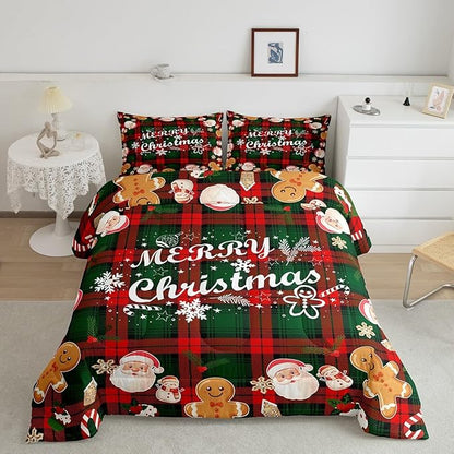 Erosebridal Christmas Comforter Set King,Merry Christmas Bedding Set for Kids Teens Youth,Cute Snowman Santa Claus Duvet Insert,Red Green Grid Lattice Quilt Comforter with 2 Pillow Shams Soft