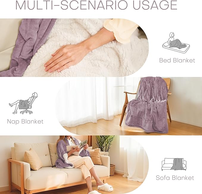 LUXIAN Electric Heated Blanket Twin Size 62"x84" - Microplush & Sherpa Fabric Dual-Sided, 6 Heat Settings & 1-10 Hours Auto Off, Cozy Warming Throw for Home, Office, or Bed, Machine Washable，Lavender