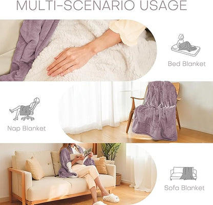 Electric Heated Blanket Throw Size 50"x60" - Flannel & Sherpa Fabric Dual-Sided, 6 Heat Settings & 1-3 Hours Auto Off, Soft & Cozy Machine Washable, Lavender Purple